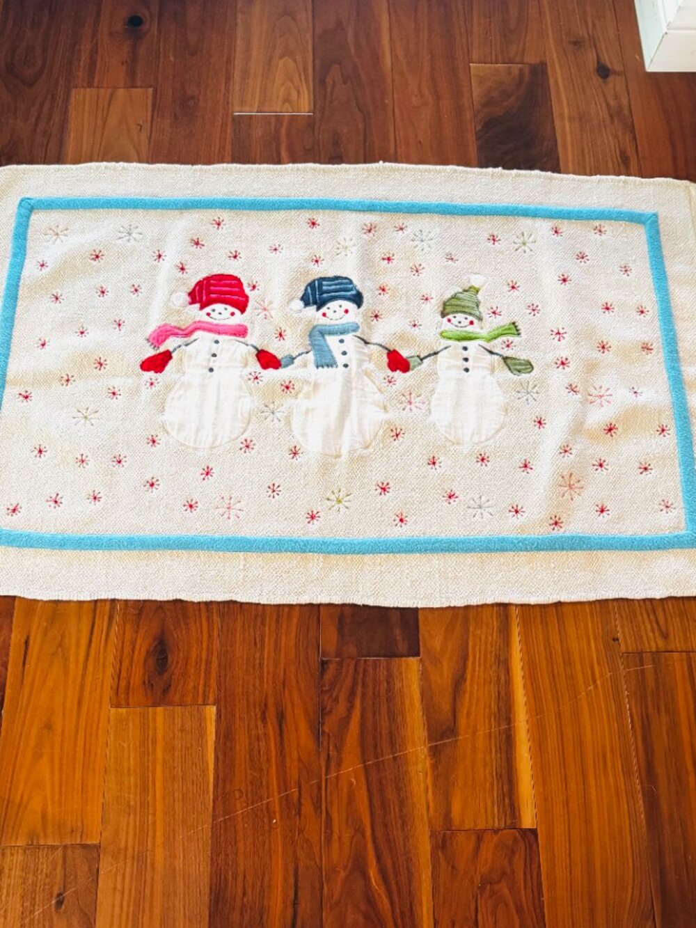 Christmas Bath Mat Embroidery Snowman Cotton Holiday Decor Wish for Joy India
